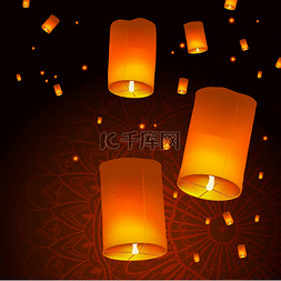 花火漂浮图片_愉快的 Diwali 假日背景与天灯漂浮