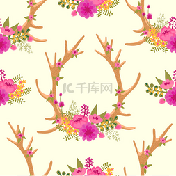 鹿角和花图片_老式无缝模式与鹿鹿角和花.