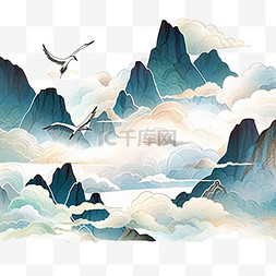 水彩画大雁山水手绘免抠元素