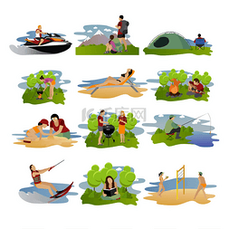 沙滩露营图片_向量组的夏季娱乐概念设计元素。
