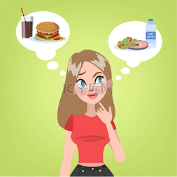 妇女选择健康食品和汉堡包