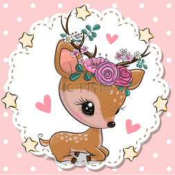 粉红色的背景上有花和心的鹿宝宝