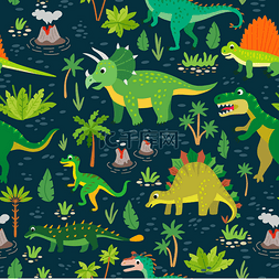 卡通墙纸图片_一种幼稚的恐龙和热带树叶图案