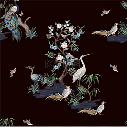 无缝图案的中国风格与鹤，鸟和牡