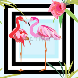 花卉无缝背景图片_绘制一对红色和粉红色的火烈鸟，