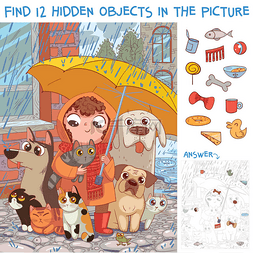 雨中小女孩图片_在图片中找到12个隐藏的物体。在