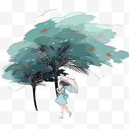 手绘天空女孩图片_台风打伞的女孩元素手绘