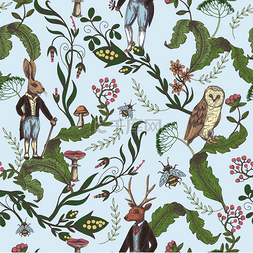 童话图形无缝模式与森林动物和花