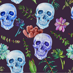 头骨和鲜花图片_无缝的水彩图案头骨和植物