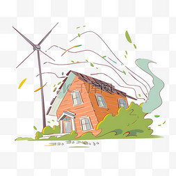 台风卡通图片_免抠元素台风暴风卷倒房屋手绘