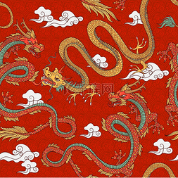 龙的纹理图片_中国风格的无缝图案，红色上有龙