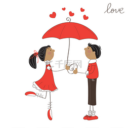 可爱的女孩男孩图片_可爱的女孩和男孩在伞下。情人节