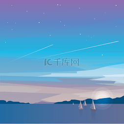 美丽的夜景图片_简约海景与帆船