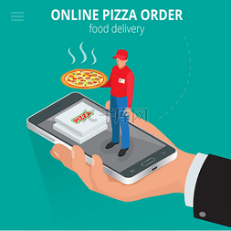 电子商务3d矢量图片_在线披萨。电子商务理念 - 订购食