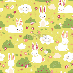 绿色鸡蛋鸡蛋图片_复活节兔子无缝向量模式。可爱的