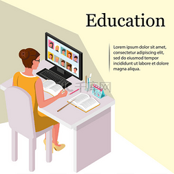 专业女教师坐在电脑屏幕前。在线