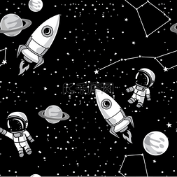 火箭和宇航员图片_无缝背景与可爱涂鸦宇航员，行星