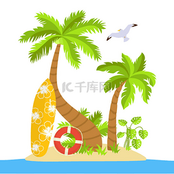 热带海滩卡通冲浪板棕榈海病媒