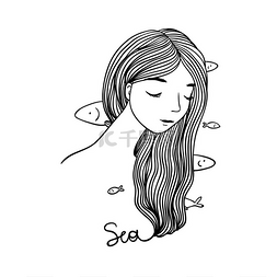 矢量图绘制图片_美丽年轻的女孩，她的头发里的鱼