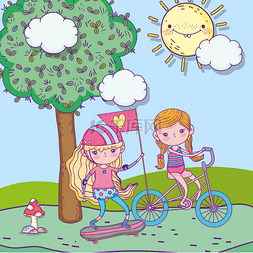 happy childrens day, cute girls riding bike a