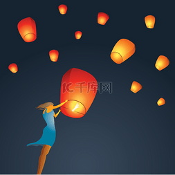 大红色的灯笼图片_女人开始向天空的红色中国的天空