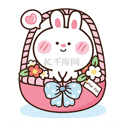 卡通动物卡片图片_可爱的兔子，花朵在粉红色的篮子