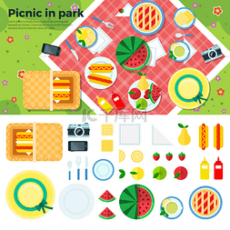 夏天野餐在公园横幅和图标