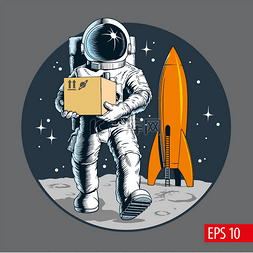 漫画风格插图图片_送货服务、宇航员提包或纸板箱.