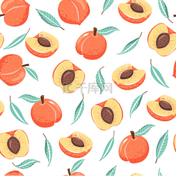 桃子纹理图片_与桃子，切片和绿叶无缝模式。夏