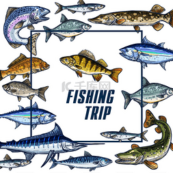 为钓鱼旅行素描矢量海报模板