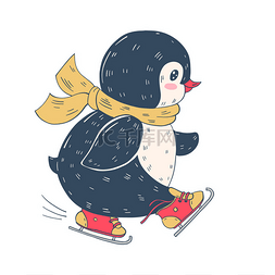 冬季插图与滑稽卡通企鹅在溜冰鞋