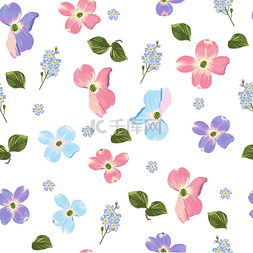 春秋紫蓝粉花无缝图案。水彩风格