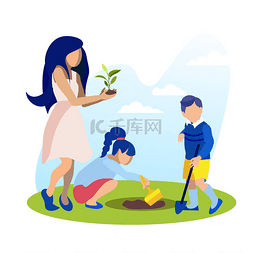 母亲与孩子种植在花园卡通