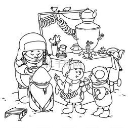 孩子们在冬天的集市上拿着萨莫瓦