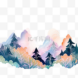 手绘山水彩色图片_手绘水彩画彩色元素山水树木