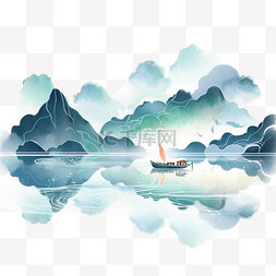 缭绕云雾图片_手绘元素彩色水墨画山水云雾