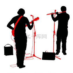 音乐家剪影图片_剪影音乐家弹着吉他，长笛。矢量