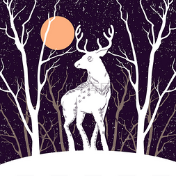 圣诞插图与驯鹿和雪林。卡片的设
