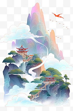 山水凉亭绘画图片_元素手绘水彩画山水云雾凉亭