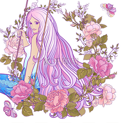 漂亮花卉图案图片_年轻漂亮的女孩，长头发在秋千上