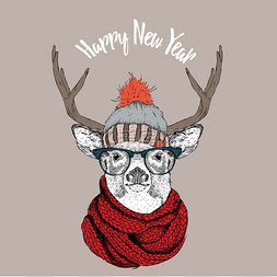 圣诞贺卡与鹿在冬天的帽子。字体