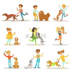 动物与动物孩子图片_孩子和狗插图集与孩子一起玩，以