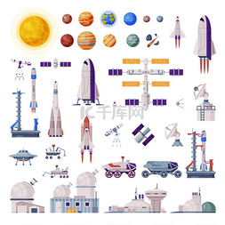 人造卫星矢量图片_空间物体收集、火箭、航天飞机、