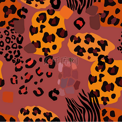 虎豹动物图片_动物混合印刷矢量无缝图案.摘要