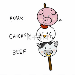 鸡肉猪肉图片_木棍卡通人物插图中的猪肉、鸡肉