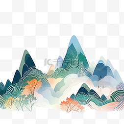 手绘水彩画元素彩色山水树木