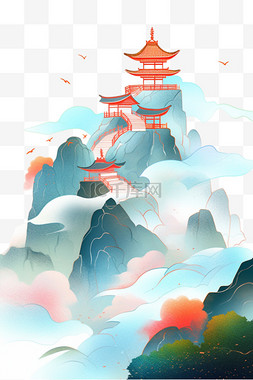 背景山水云雾图片_水彩画山水云雾凉亭元素手绘免抠