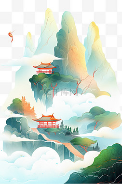 云雾缭绕png图片_云雾山水凉亭手绘元素水彩画