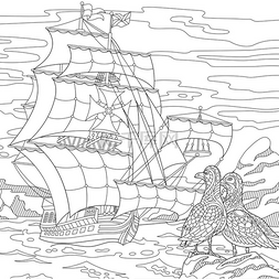 手绘船海鸥图片_Zentangle 程式化航行中的船