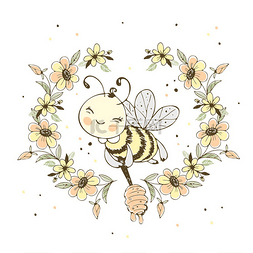 Cheerful cute bee with honey in a frame of fl